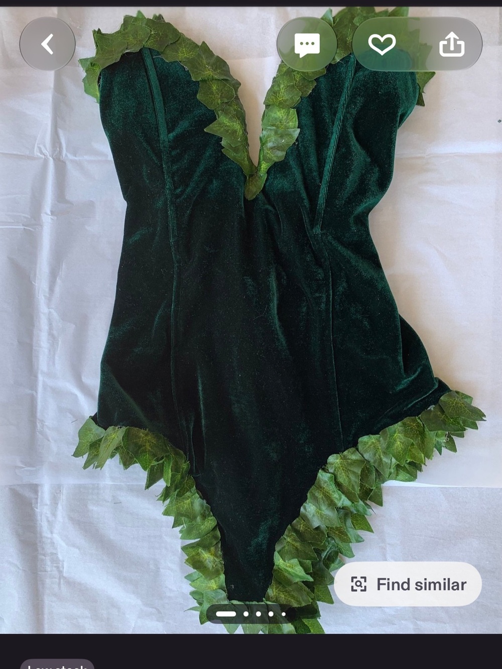 Vintage Dark Green Velvet Leaf Trim Bodysuit - Picture 3 of 8